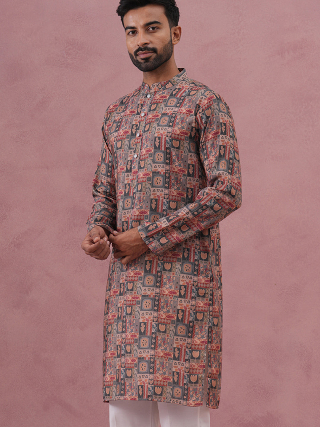 Abstract Printed Cotton Blend Kurta (65KO 5384 Grey ) [FF] [A-1-4]