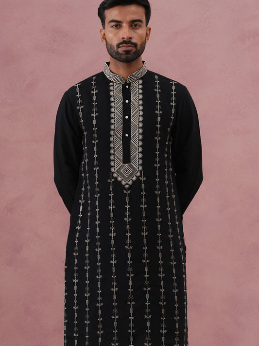 Black Silk Blend Kurta with Off White Geometric Embroidery (65KO 5385 Black ) [FF] [A-1-4]