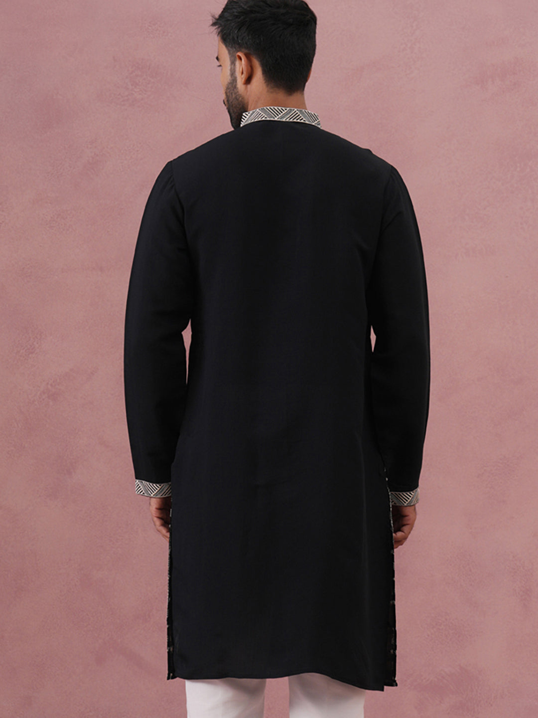 Black Silk Blend Kurta with Off White Geometric Embroidery (65KO 5385 Black ) [FF] [A-1-4]