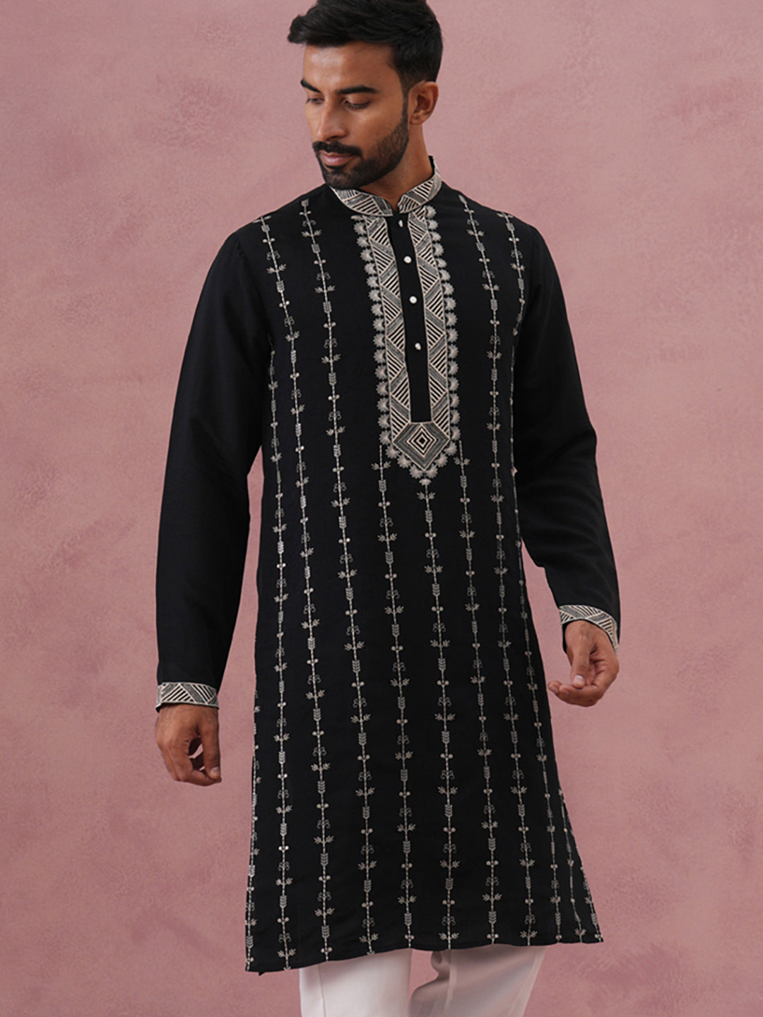 Black Silk Blend Kurta with Off White Geometric Embroidery (65KO 5385 Black ) [FF] [A-1-4]