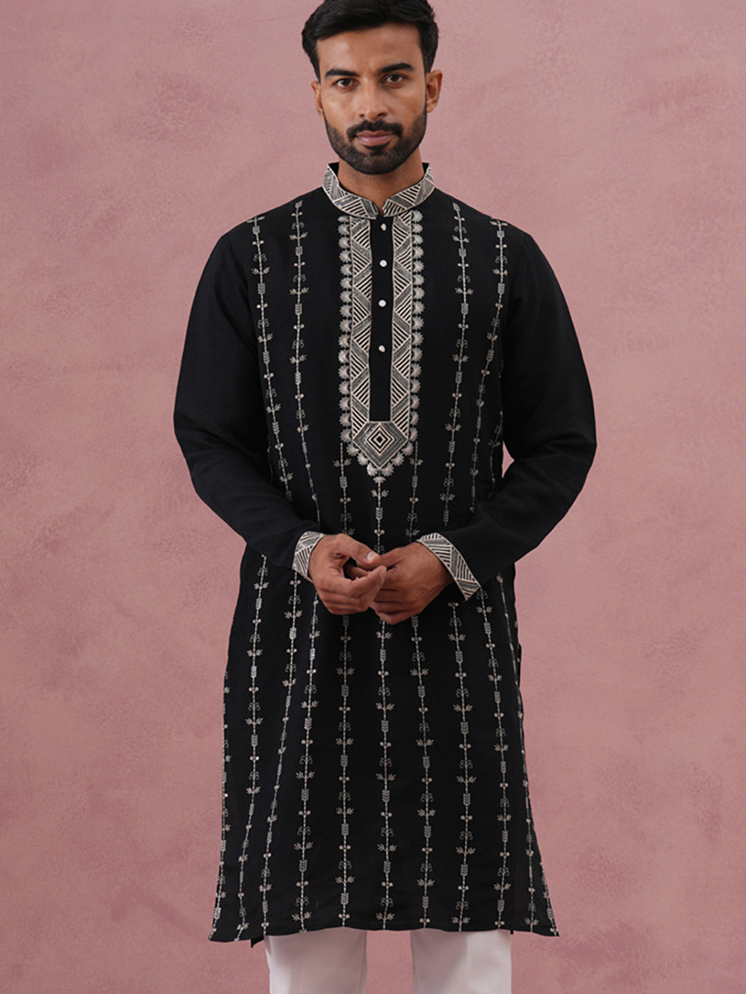 Black Silk Blend Kurta with Off White Geometric Embroidery (65KO 5385 Black ) [FF] [A-1-4]