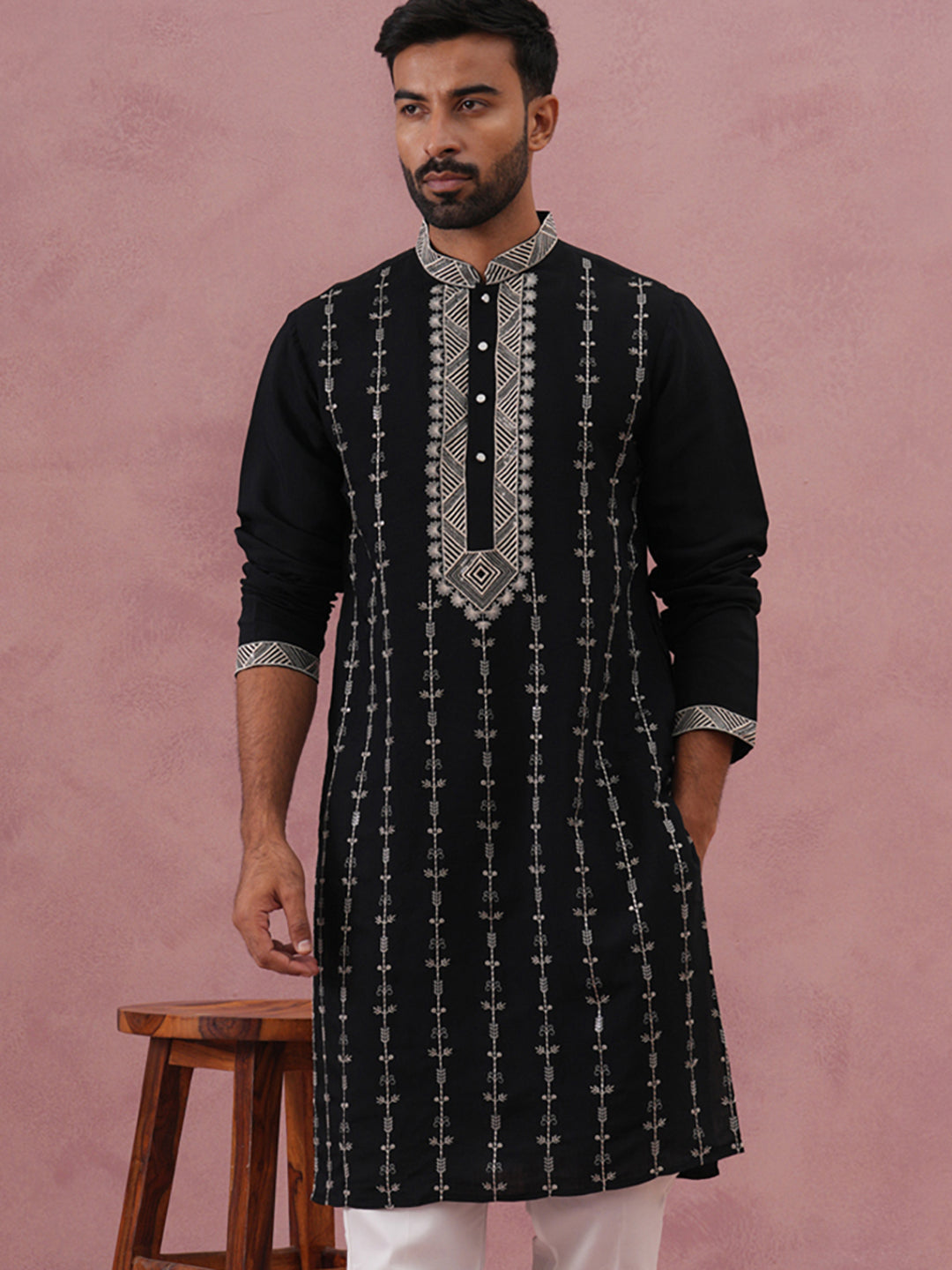 Black Silk Blend Kurta with Off White Geometric Embroidery (65KO 5385 Black ) [FF] [A-1-4]