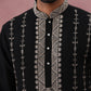 Black Silk Blend Kurta with Off White Geometric Embroidery (65KO 5385 Black ) [FF] [A-1-4]