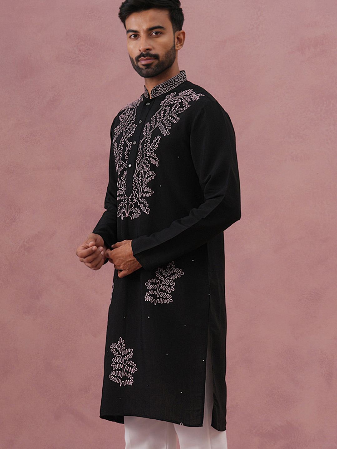 Black Silk Blend Embroidered Kurta (65KO 5386 Black ) [FF] [A-1-4]