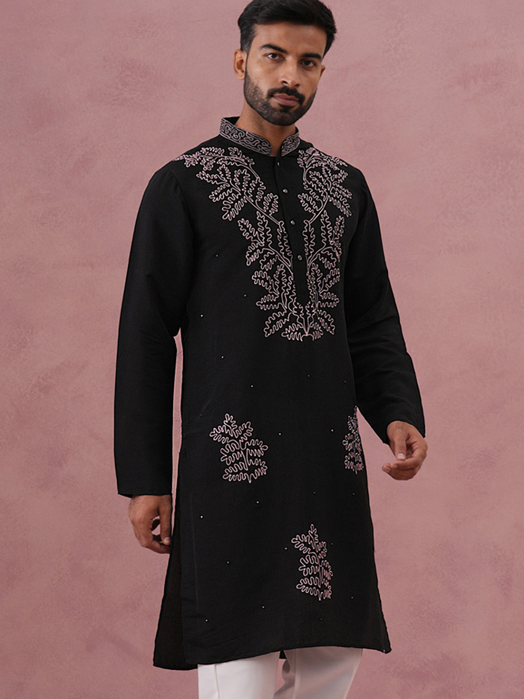 Black Silk Blend Embroidered Kurta (65KO 5386 Black ) [FF] [A-1-4]