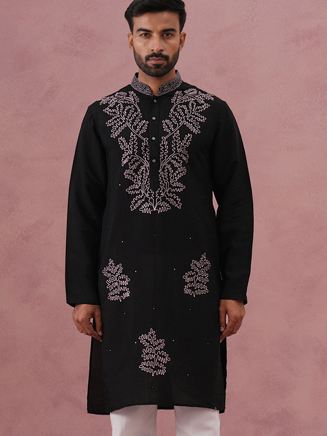 Black Silk Blend Embroidered Kurta (65KO 5386 Black ) [FF] [A-1-4]