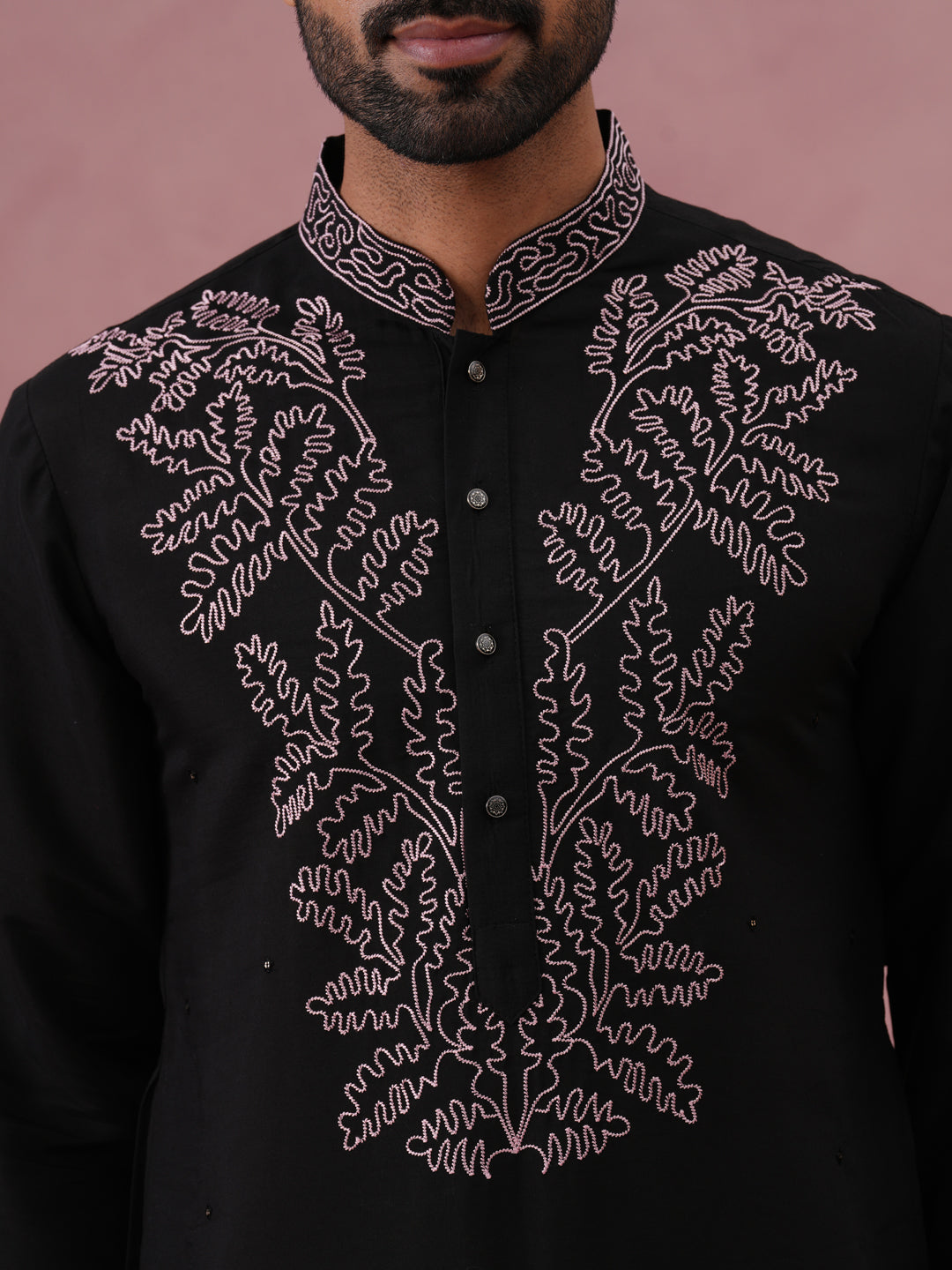 Black Silk Blend Embroidered Kurta (65KO 5386 Black ) [FF] [A-1-4]