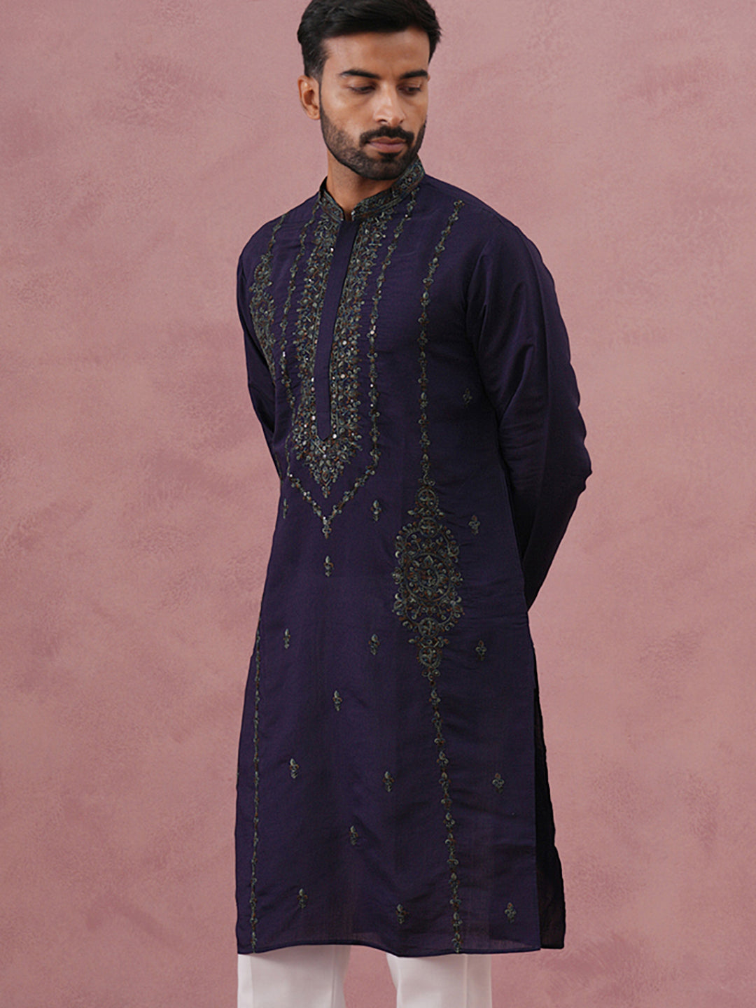 Navy Blue Silk Blend Embroidered Kurta ( 65KO 5387 Navy ) [FF] [J-1]
