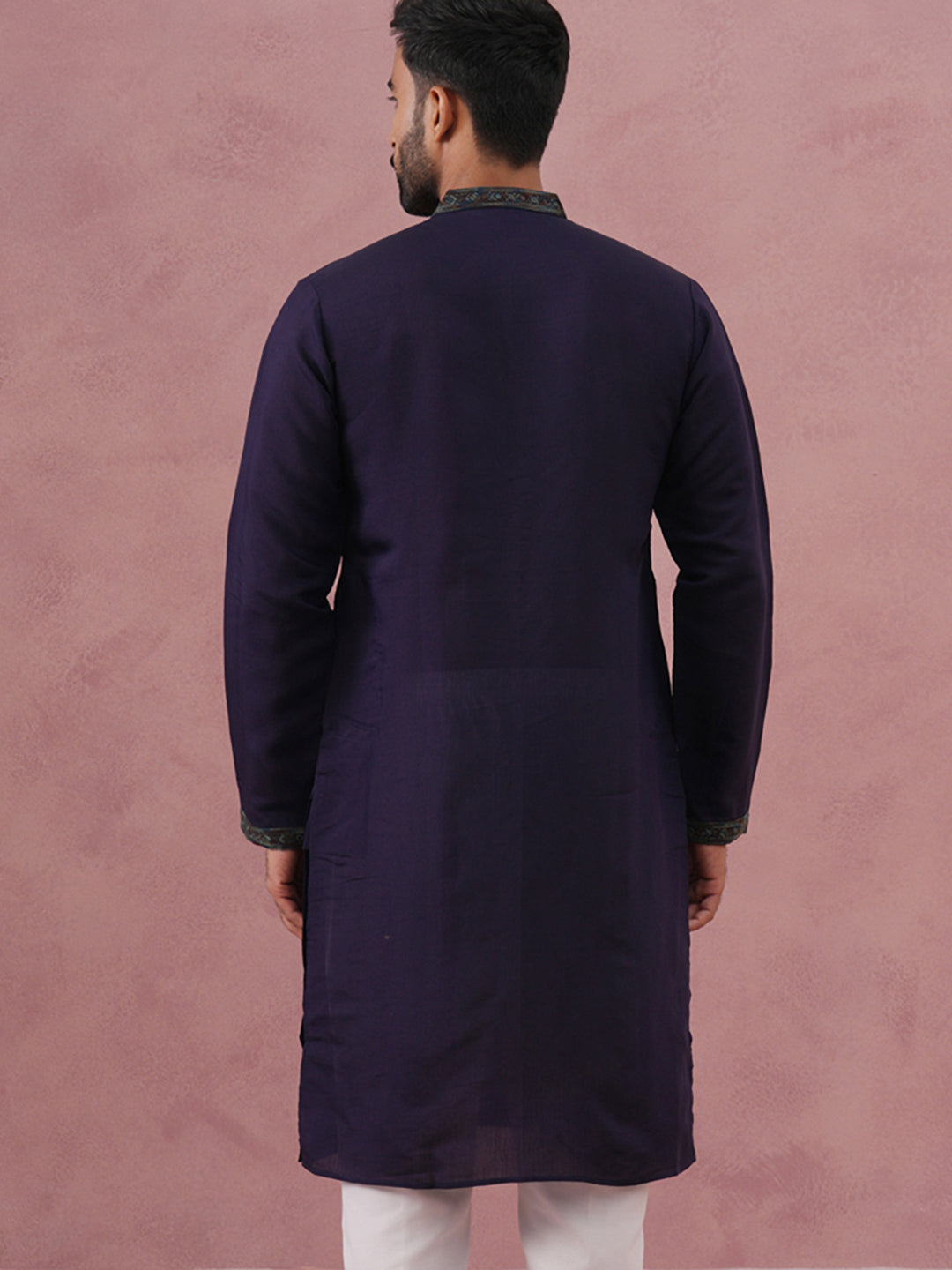 Navy Blue Silk Blend Embroidered Kurta ( 65KO 5387 Navy ) [FF] [J-1]