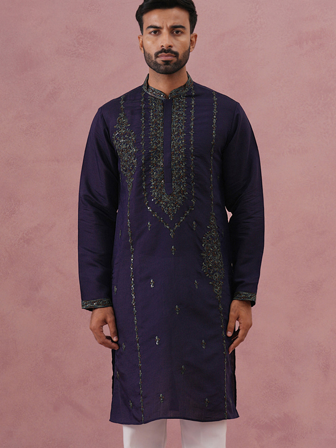 Navy Blue Silk Blend Embroidered Kurta ( 65KO 5387 Navy ) [FF] [J-1]