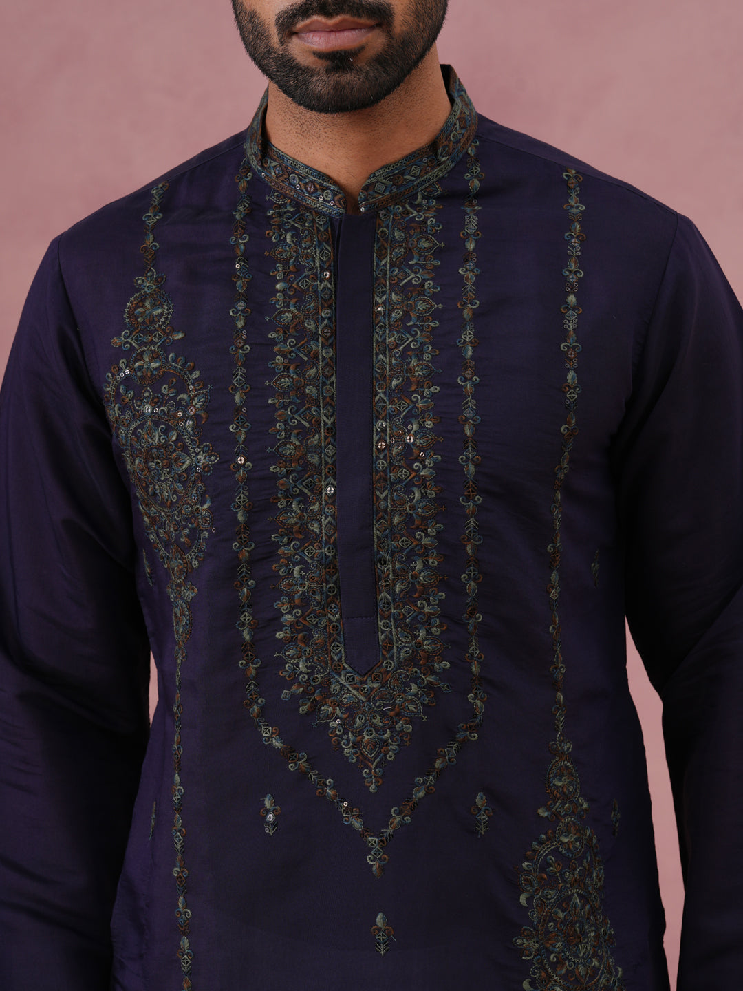 Navy Blue Silk Blend Embroidered Kurta ( 65KO 5387 Navy ) [FF] [J-1]
