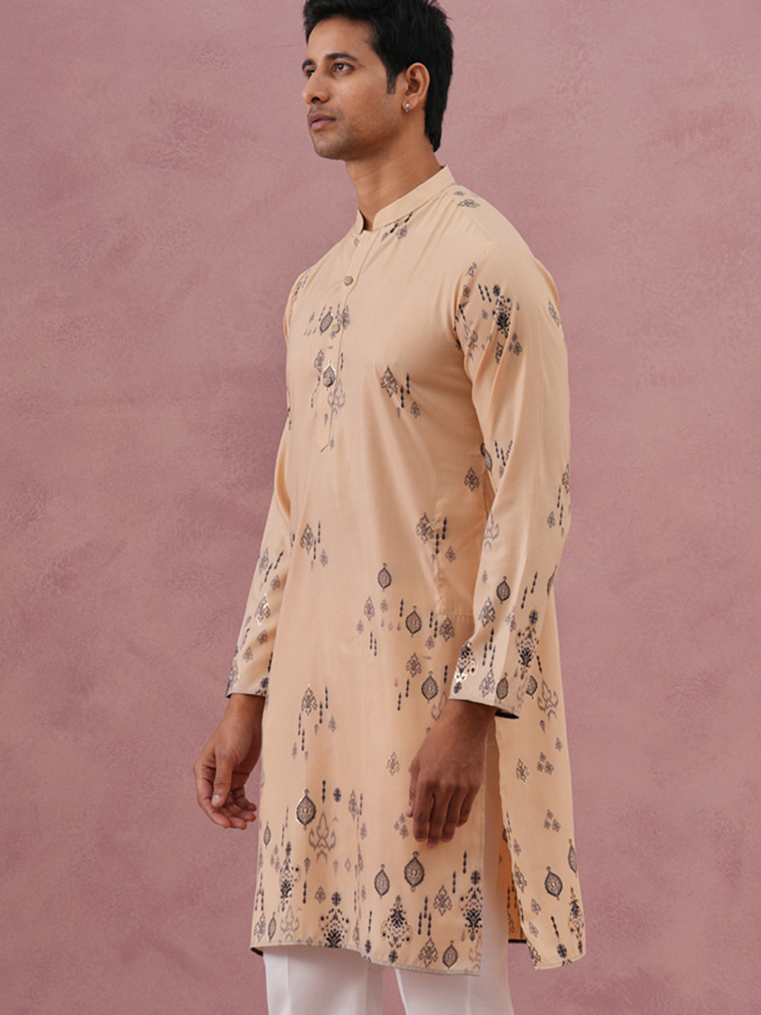Men's Foil Printed Festive Kurta (65KO 5388 Beige ) [FF] [A-1-4]