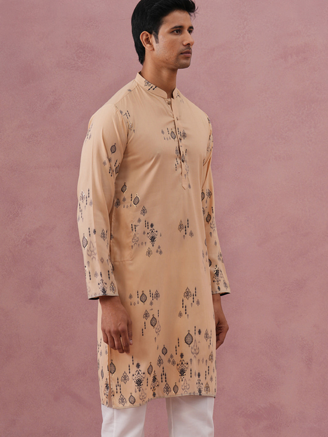 Men's Foil Printed Festive Kurta (65KO 5388 Beige ) [FF] [A-1-4]