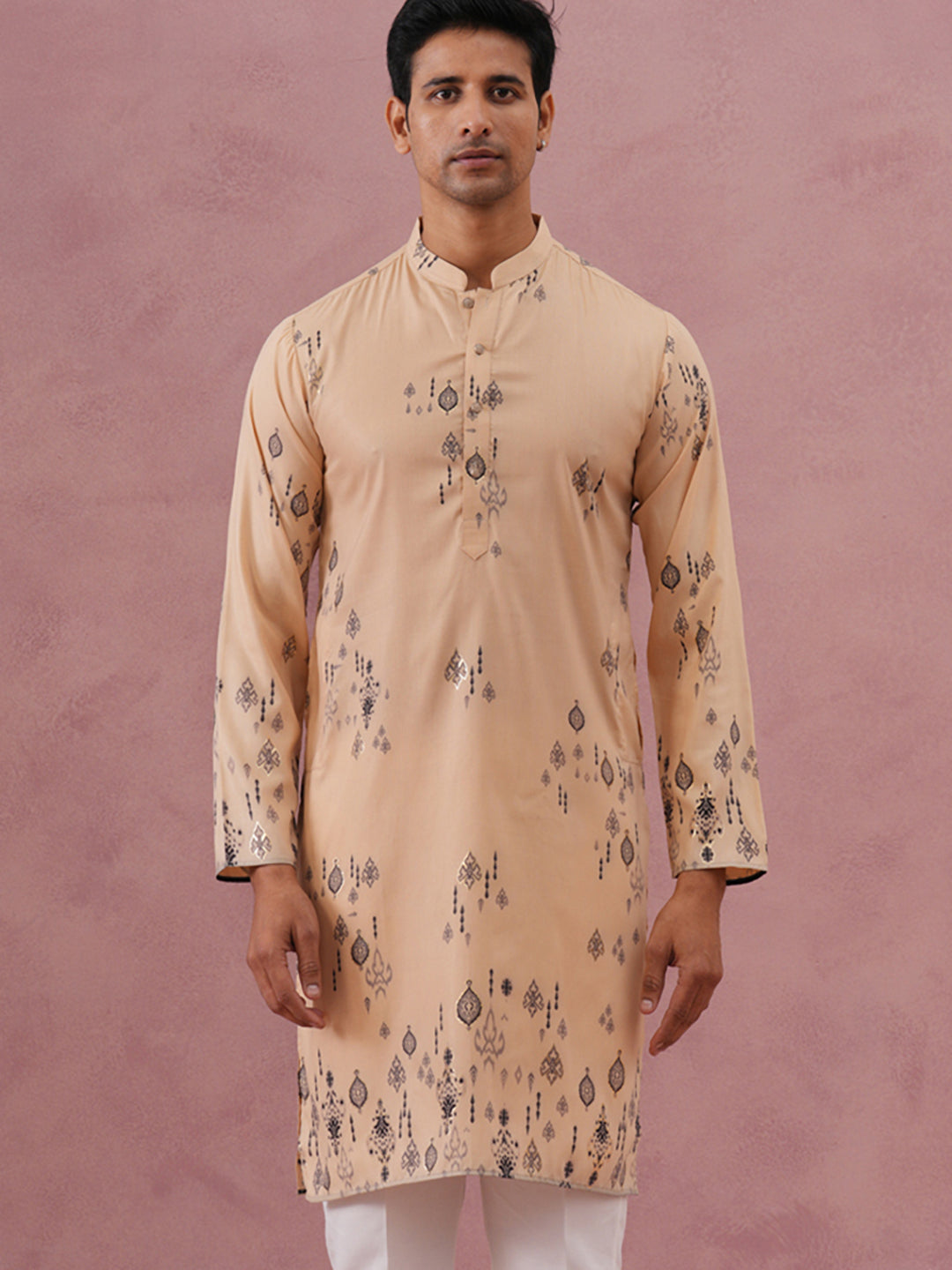 Men's Foil Printed Festive Kurta (65KO 5388 Beige ) [FF] [A-1-4]