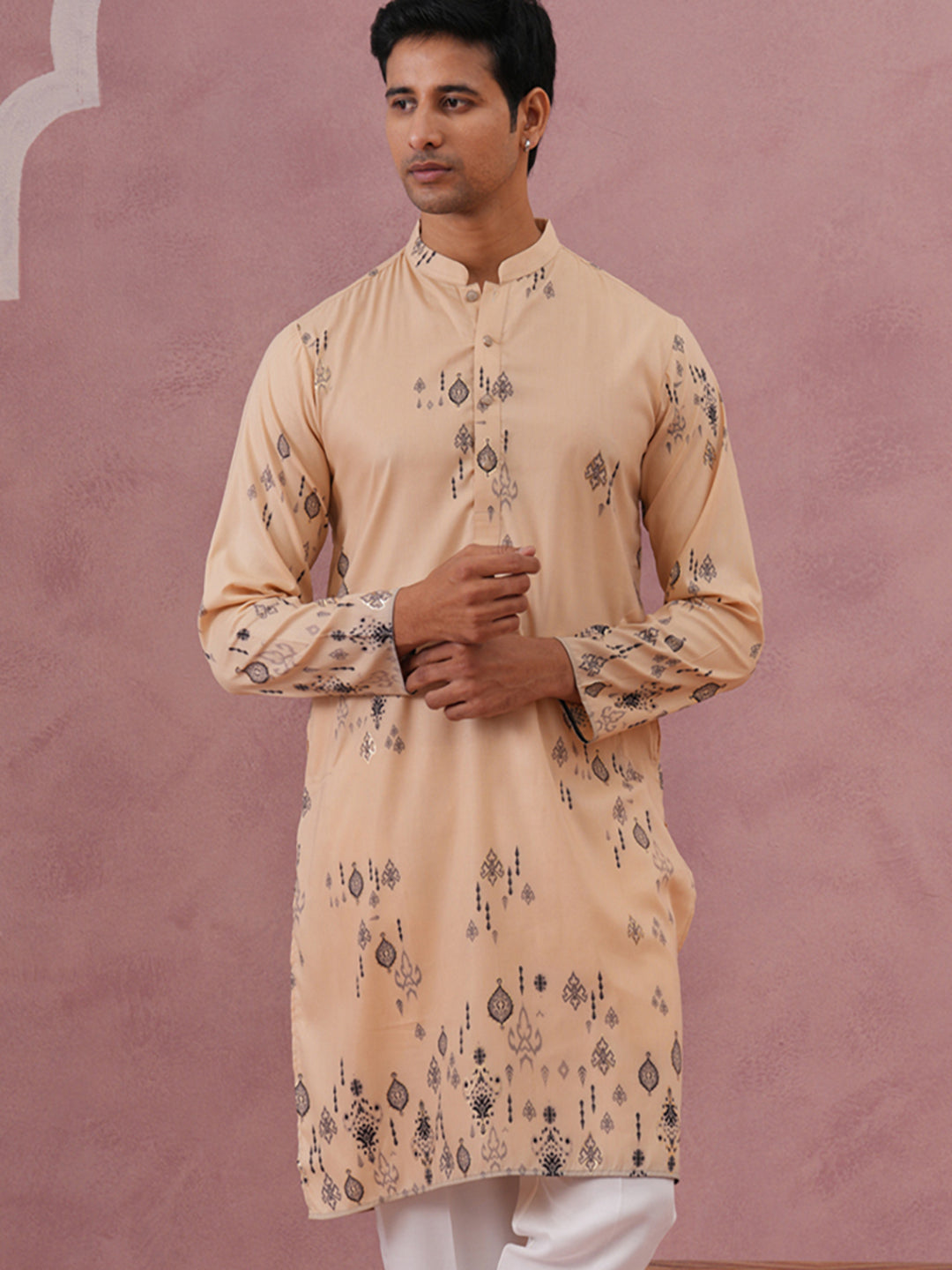 Men's Foil Printed Festive Kurta (65KO 5388 Beige ) [FF] [A-1-4]