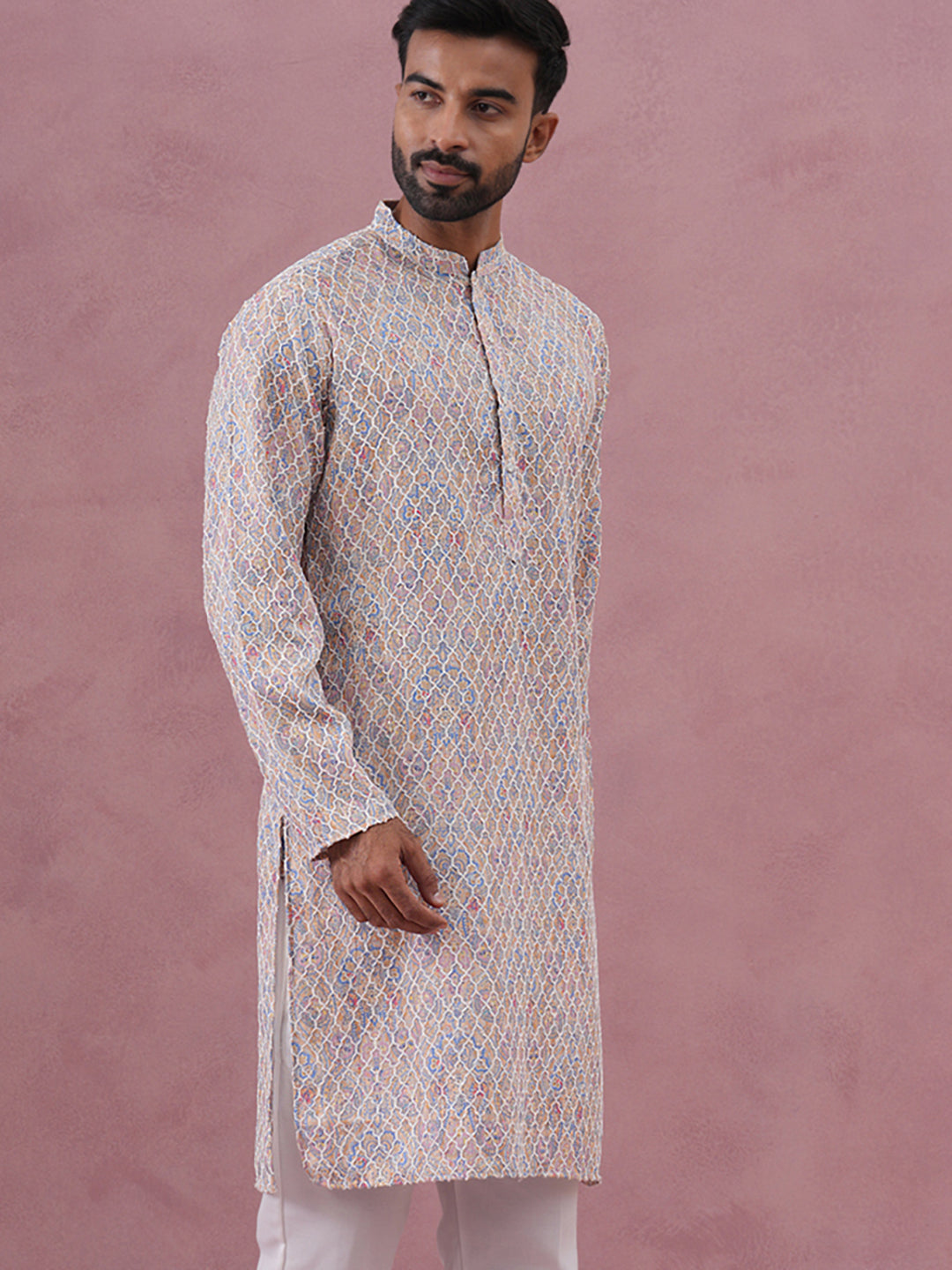 Traditional Cotton Blend Embroidered Kurta (65KO 5389 Multi ) [FF] [A-1-4]