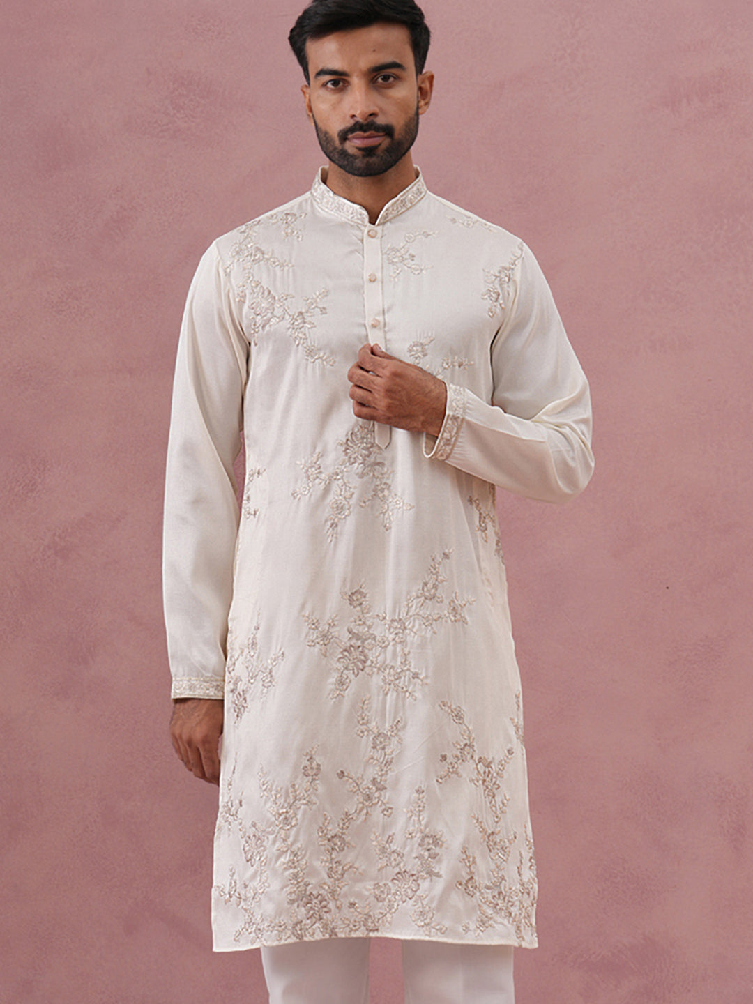 Men’s Silk Blend Embroidered Kurta (65KO 5391 White ) [FF] [B-1-1-2]