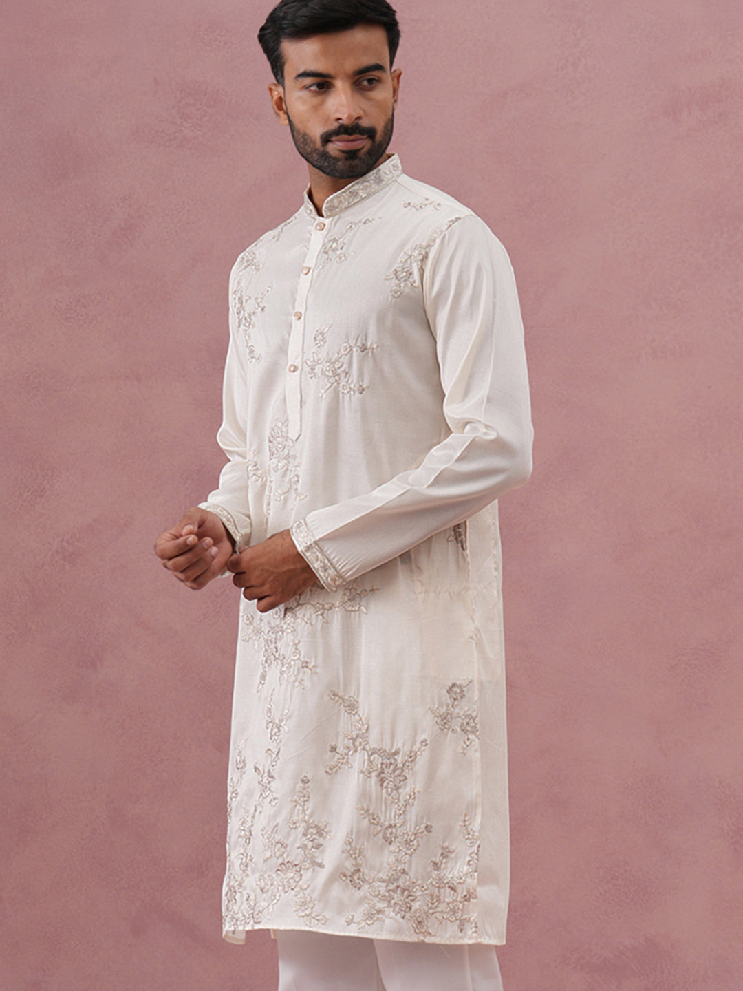 Men’s Silk Blend Embroidered Kurta (65KO 5391 White ) [FF] [B-1-1-2]