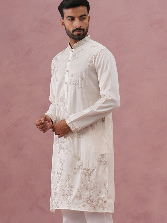 Men’s Silk Blend Embroidered Kurta (65KO 5391 White ) [FF] [B-1-1-2]
