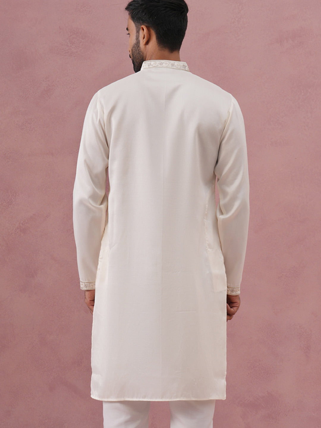 Men’s Silk Blend Embroidered Kurta (65KO 5391 White ) [FF] [B-1-1-2]