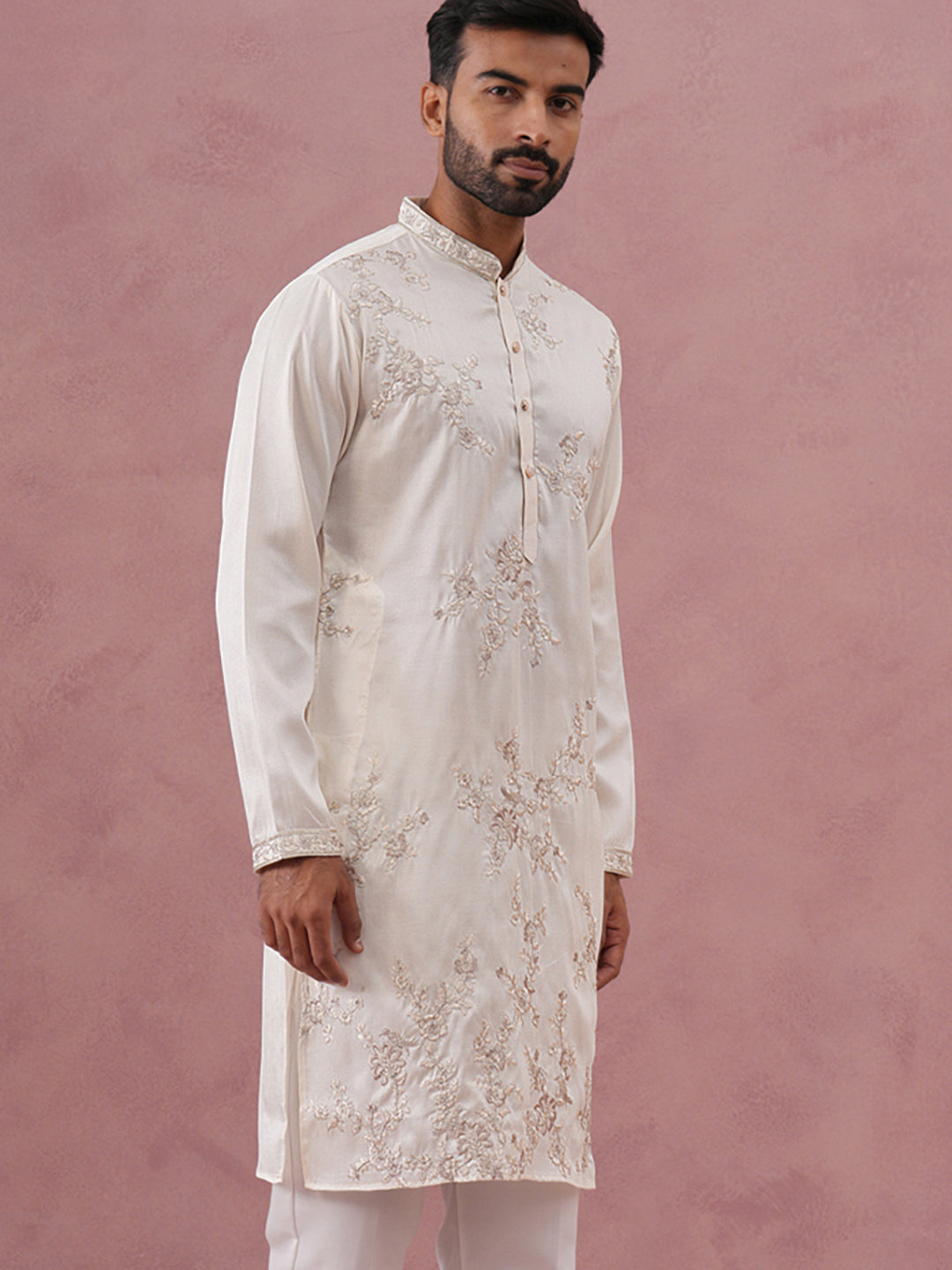 Men’s Silk Blend Embroidered Kurta (65KO 5391 White ) [FF] [B-1-1-2]