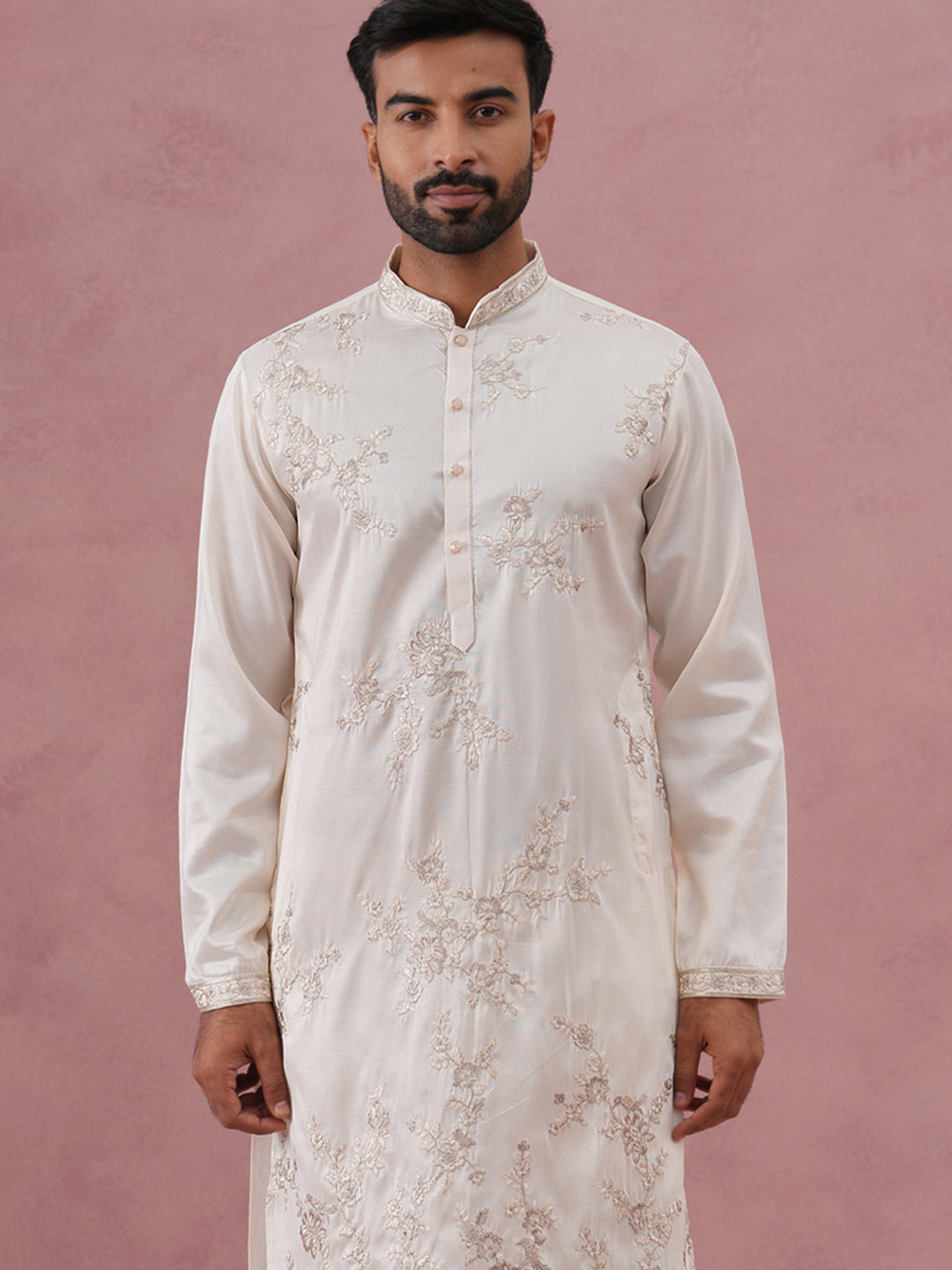 Men’s Silk Blend Embroidered Kurta (65KO 5391 White ) [FF] [B-1-1-2]