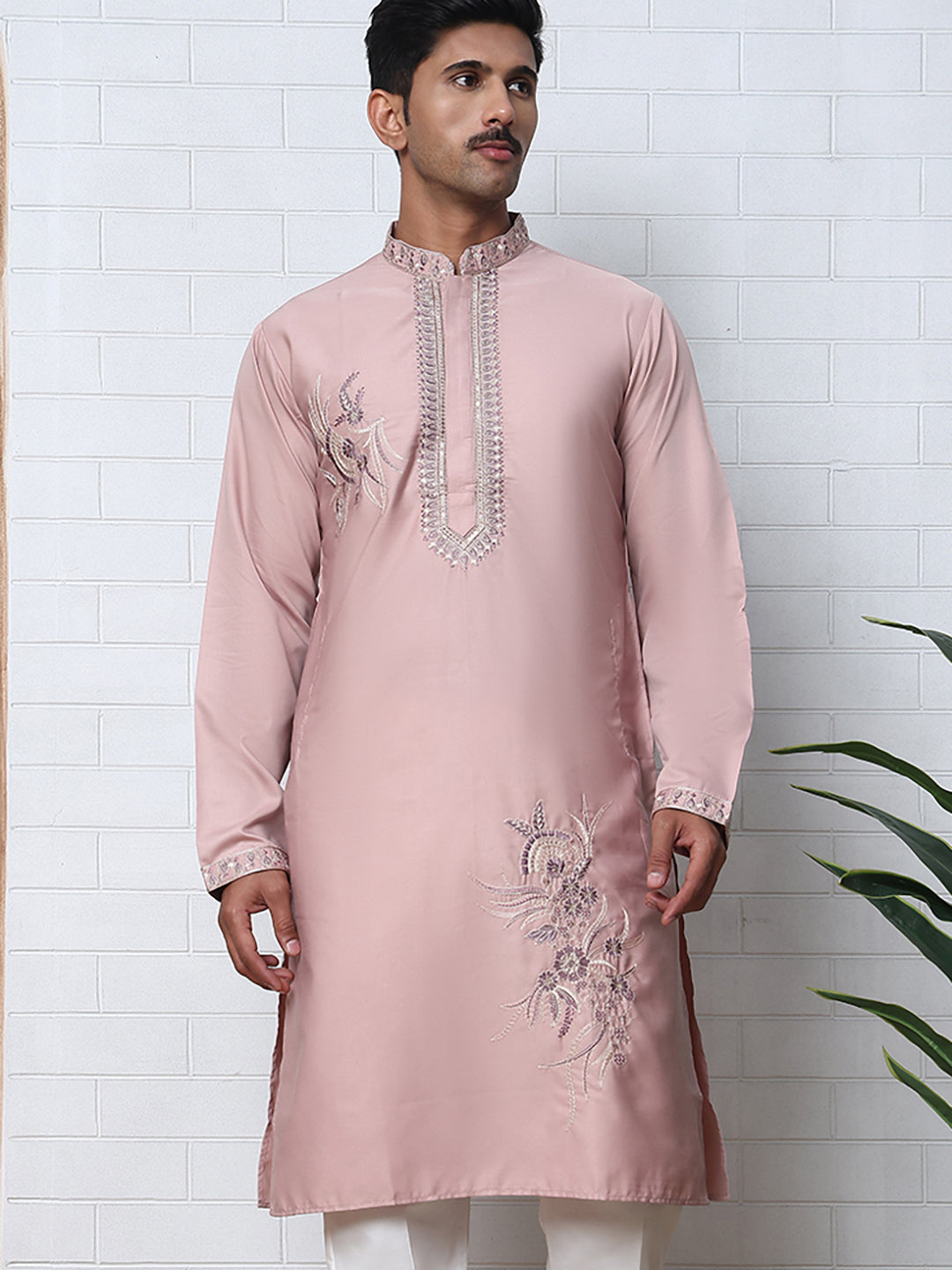 Men’s Silk Blend Embroidered Kurta ( 65KO 5392 Peach )