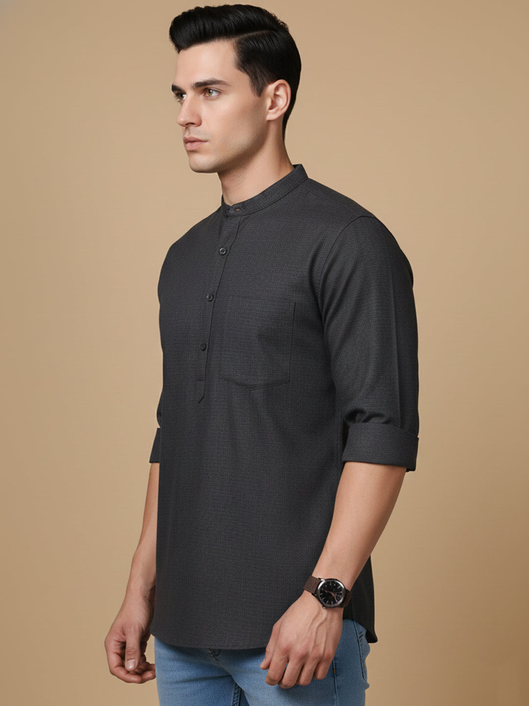 Men’s Casual Solid Short Kurta (65KO 5393 Charcoal ) [FF] [P-16]