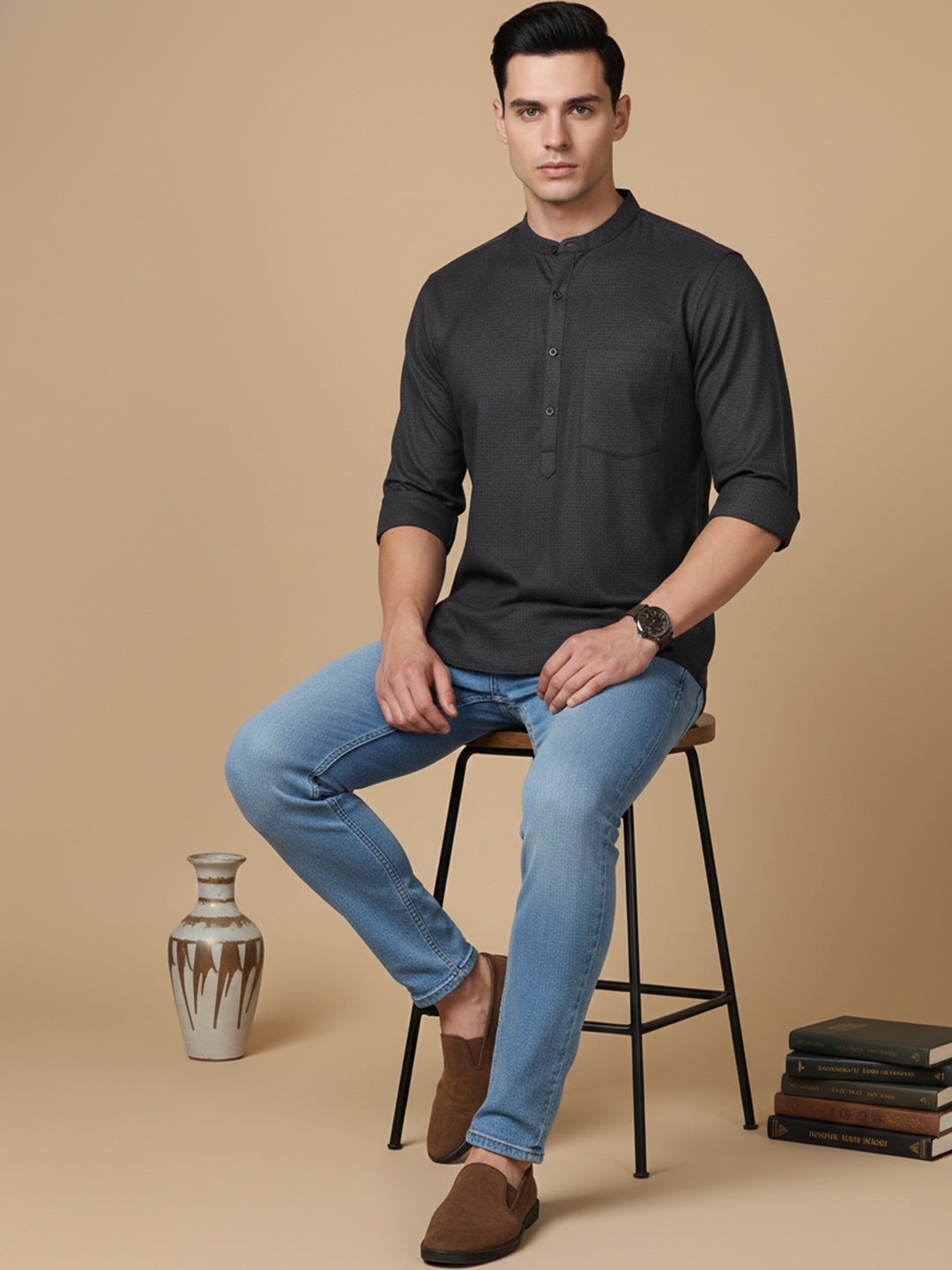 Men’s Casual Solid Short Kurta (65KO 5393 Charcoal ) [FF] [P-16]