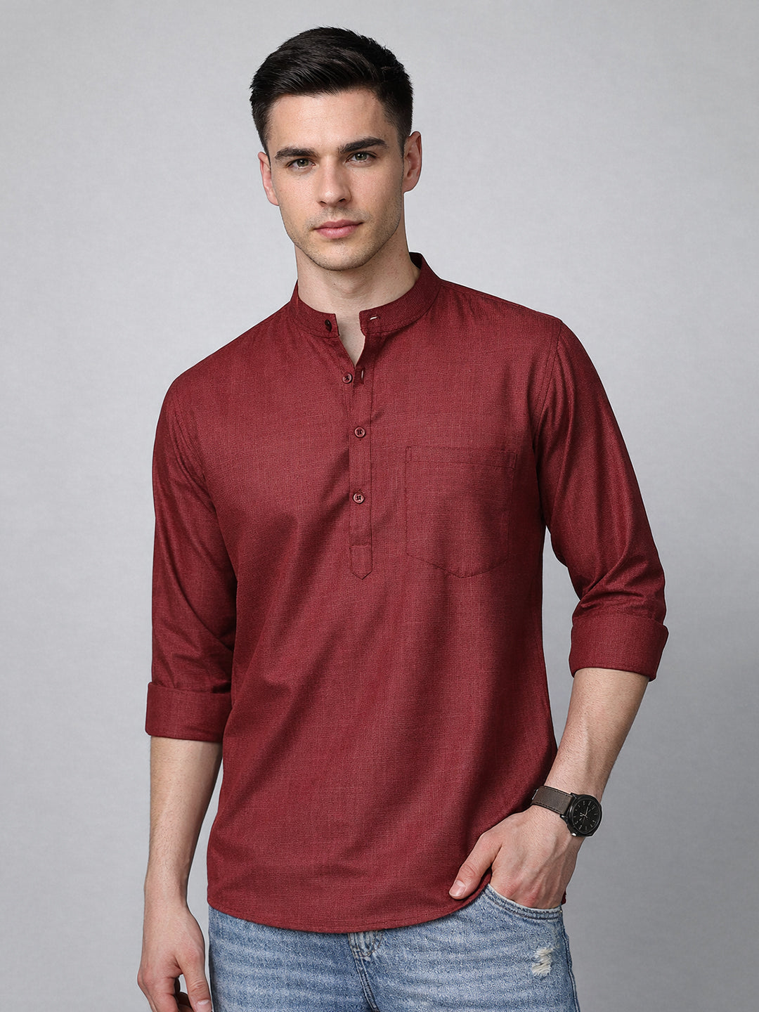 Men’s Casual Solid Short Kurta (65KO 5393 Maroon ) [FF] [P-16]