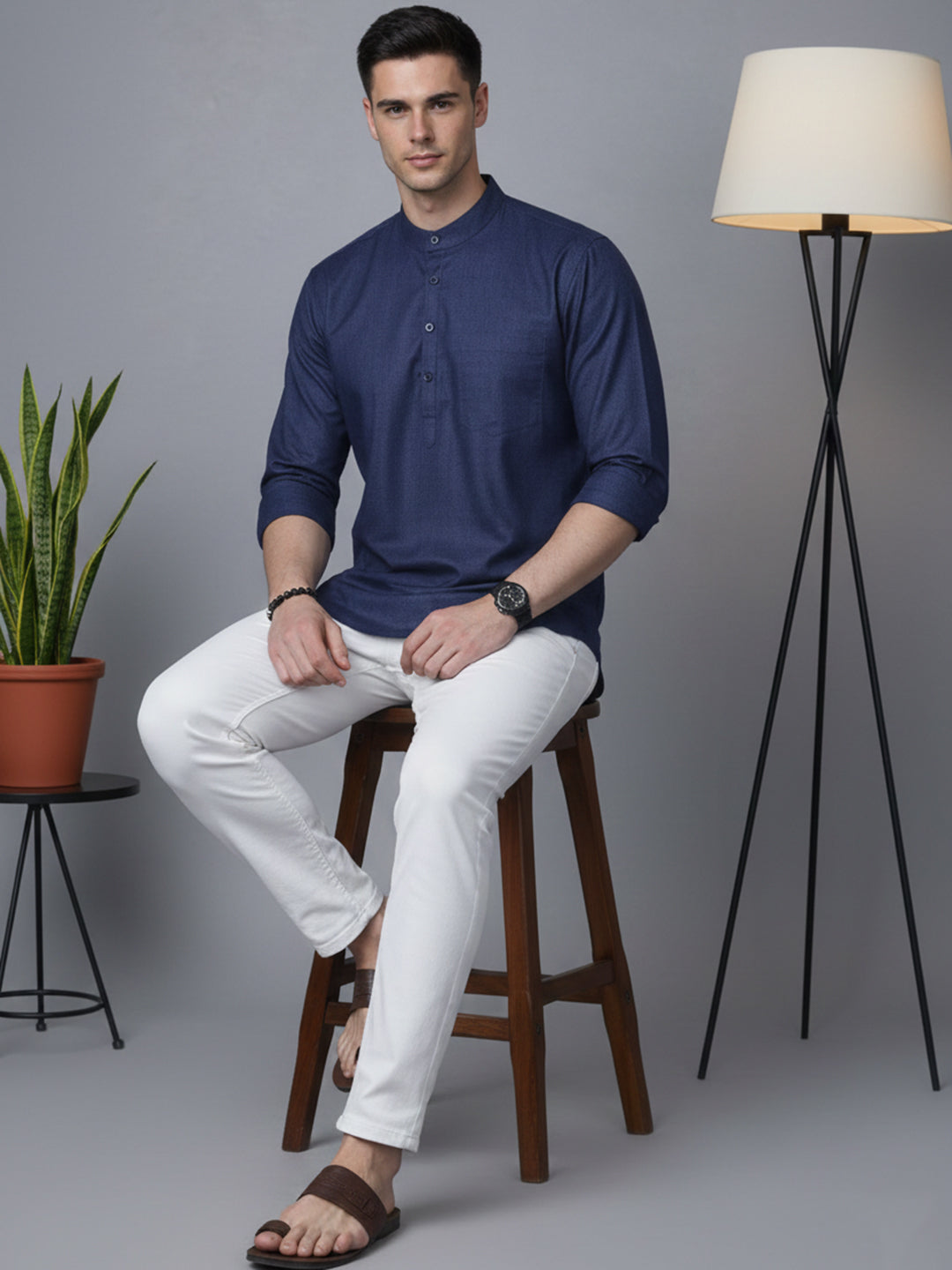Men’s Casual Solid Short Kurta (65KO 5393 Navy ) [FF] [P-16]