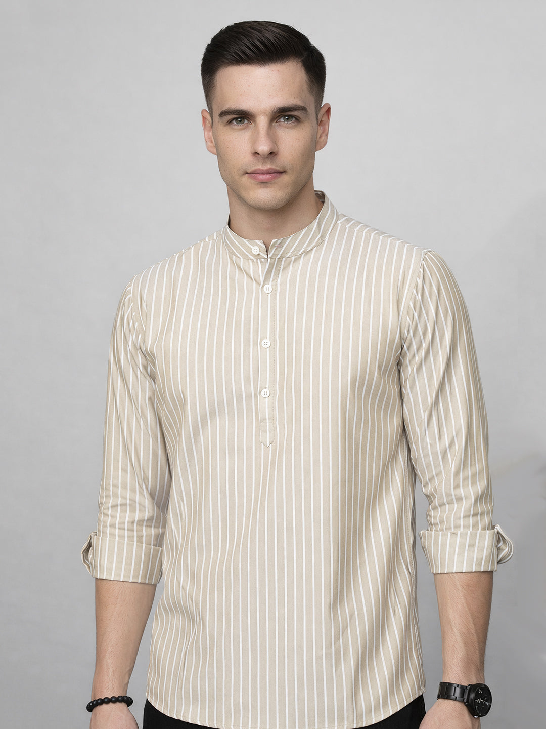 Men’s Beige Striped Short Kurta (65KO 5394 Beige ) [FF] [E-9]