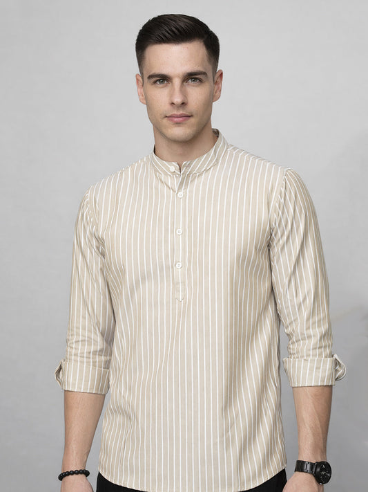 Men’s Beige Striped Short Kurta (65KO 5394 Beige ) [FF] [E-9]