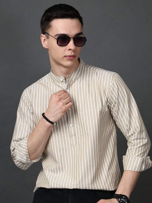Men’s Beige Striped Short Kurta ( ANMSK 5394Beige )