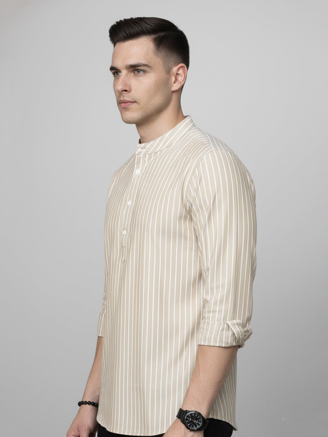 Men’s Beige Striped Short Kurta (65KO 5394 Beige ) [FF] [E-9]