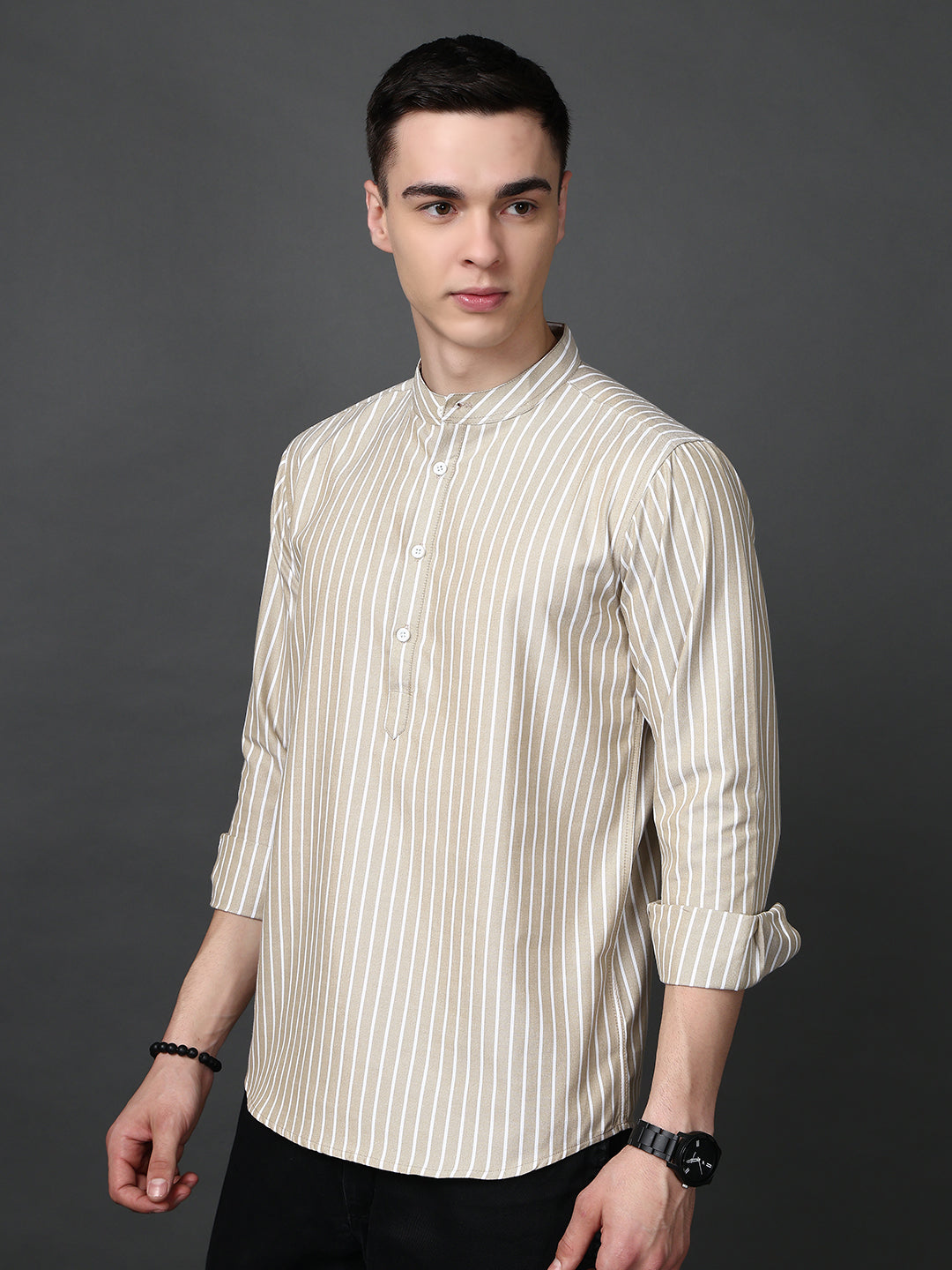 Men’s Beige Striped Short Kurta ( ANMSK 5394Beige )