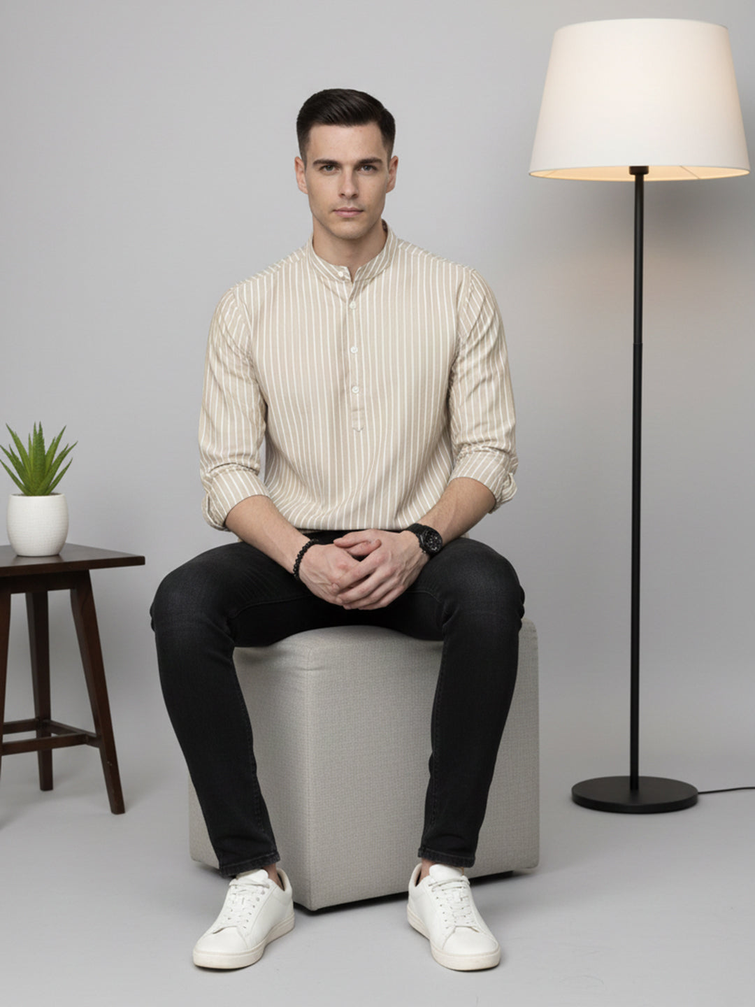Men’s Beige Striped Short Kurta (65KO 5394 Beige ) [FF] [E-9]