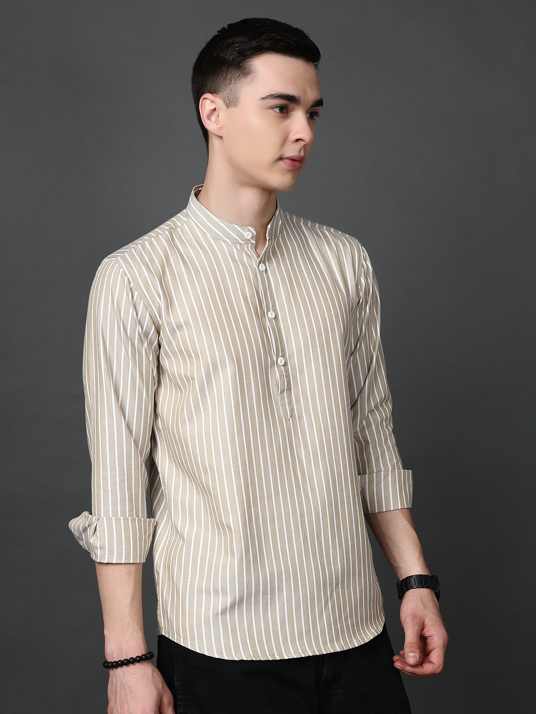 Men’s Beige Striped Short Kurta ( ANMSK 5394Beige )