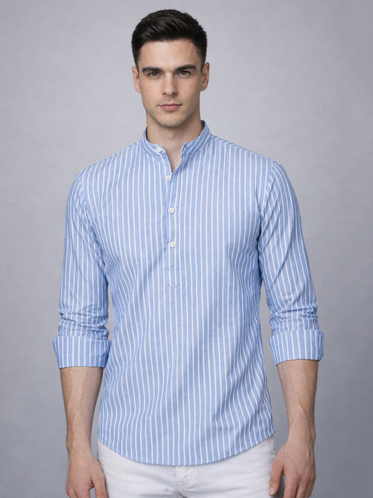 Men’s Blue Striped Short Kurta (65KO 5394 Blue ) [FF] [E-9]