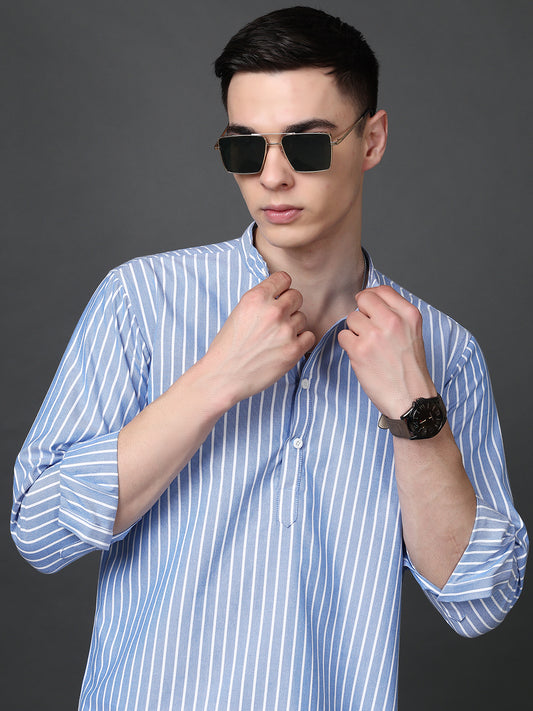 Men’s Blue Striped Short Kurta ( ANMSK 5394Blue )