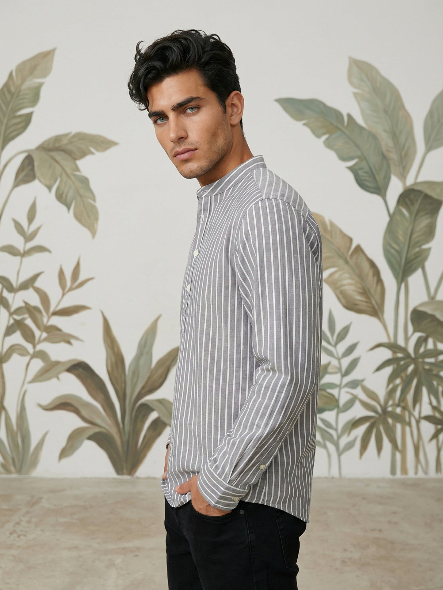 Men’s Grey Striped Short Kurta ( 65KO 5394Grey S ) [FF] [E-9]