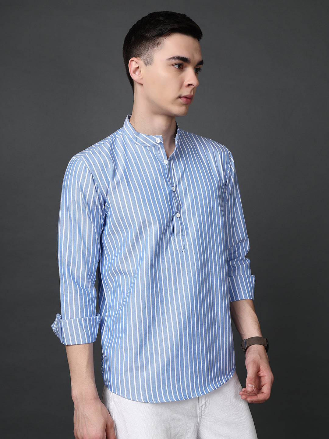 Men’s Blue Striped Short Kurta ( ANMSK 5394Blue )