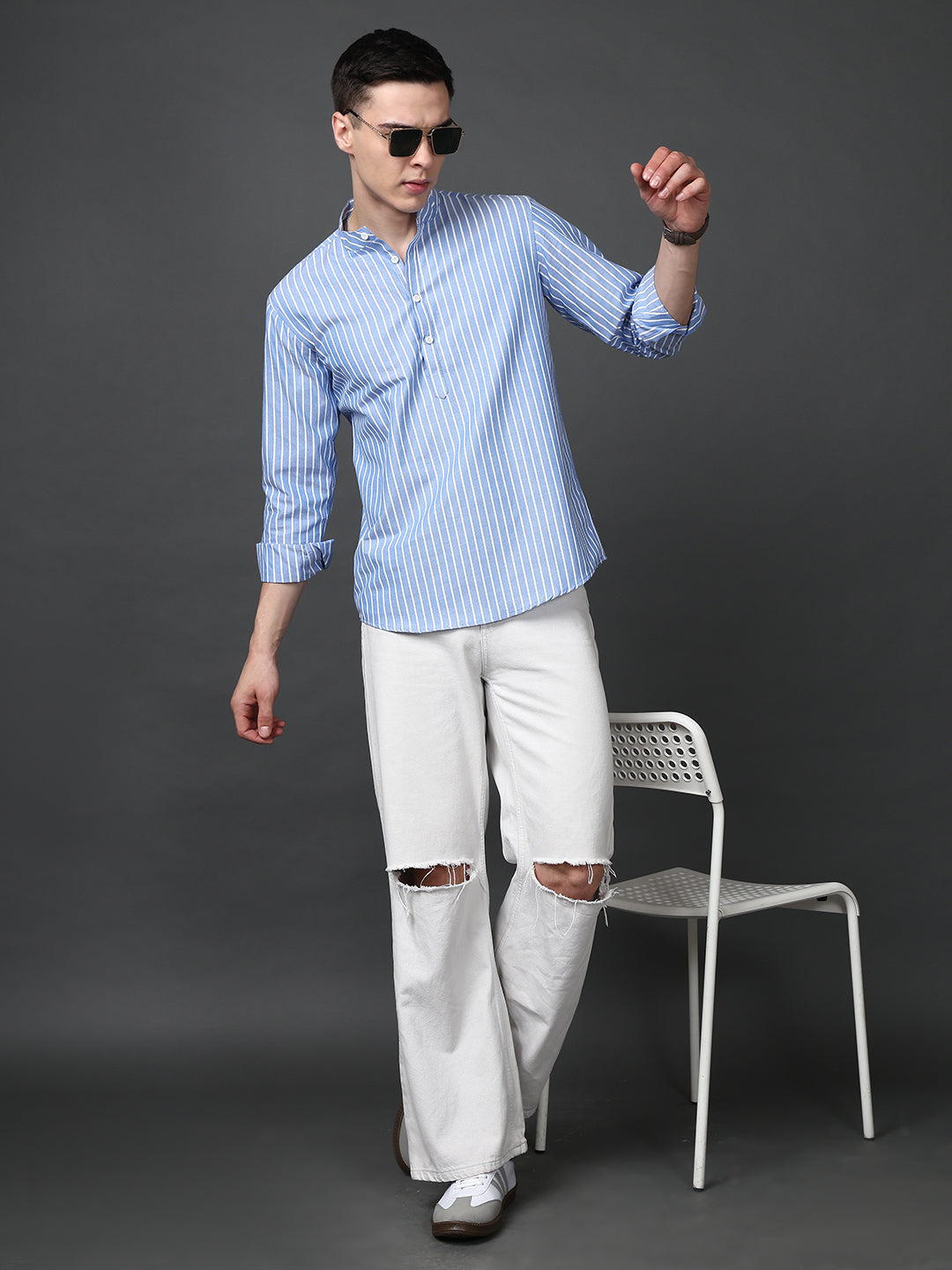 Men’s Blue Striped Short Kurta ( ANMSK 5394Blue )
