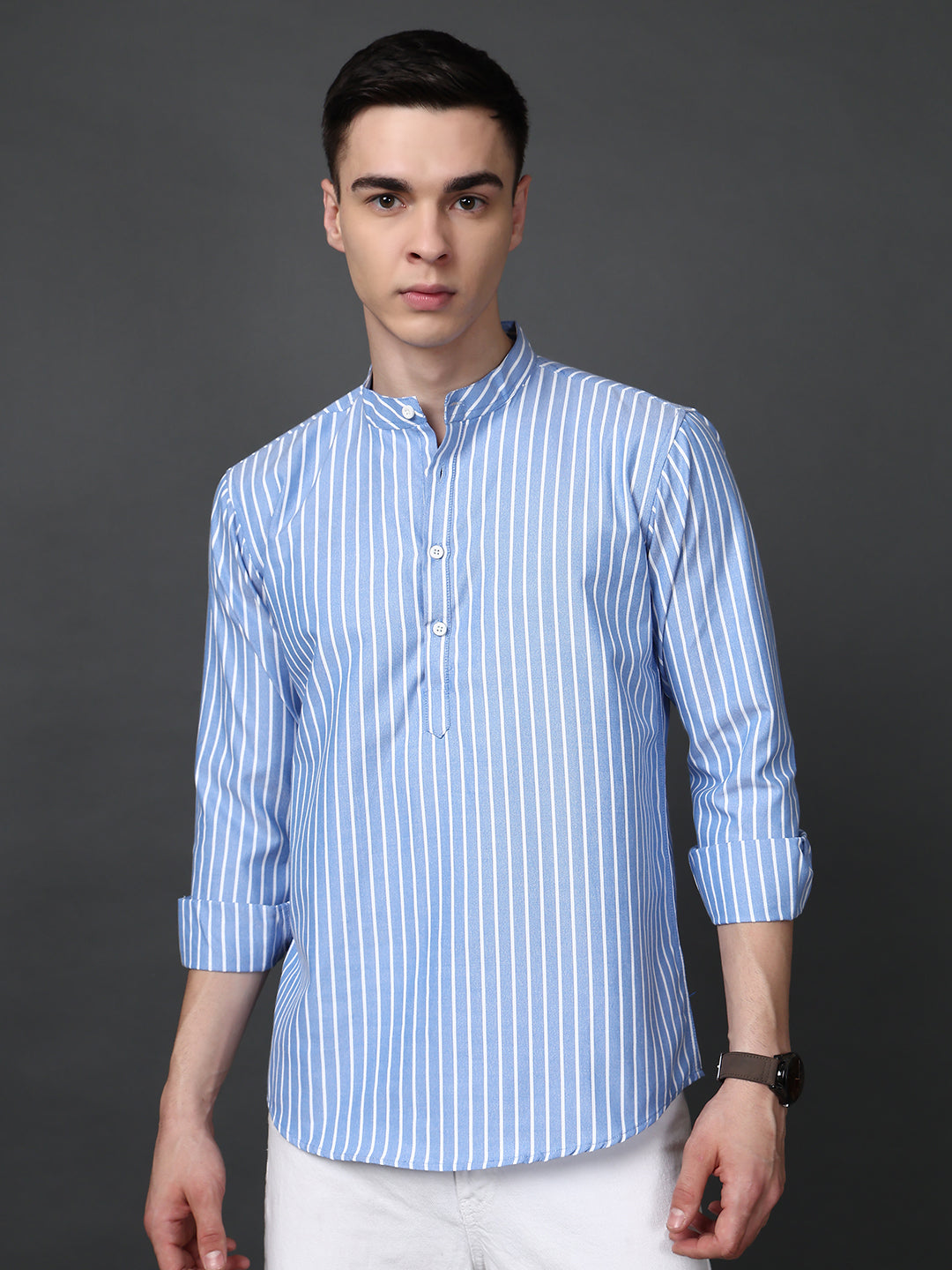 Men’s Blue Striped Short Kurta ( ANMSK 5394Blue )
