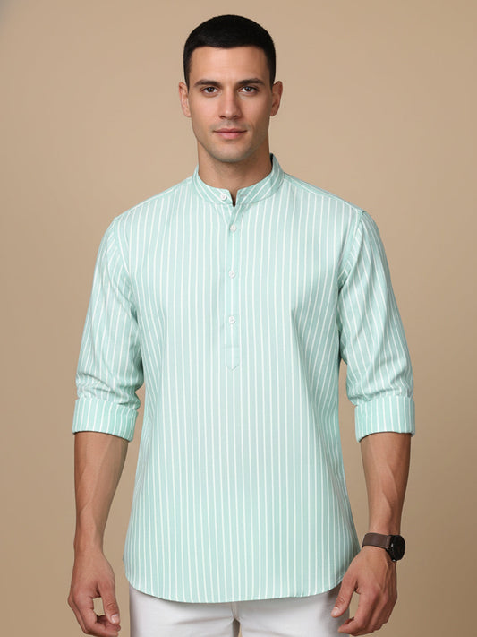 Men’s Green Striped Short Kurta (65KO 5394 Green ) [FF] [E-9]