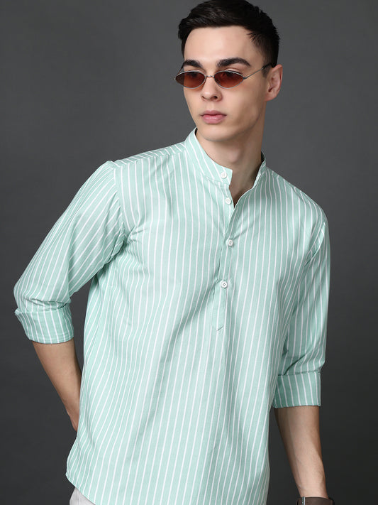 Men’s Green Striped Short Kurta ( ANMSK 5394Green )