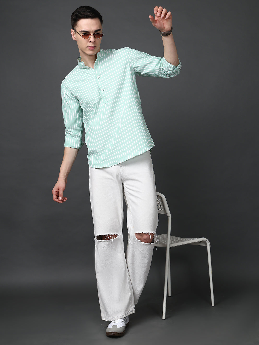 Men’s Green Striped Short Kurta ( ANMSK 5394Green )