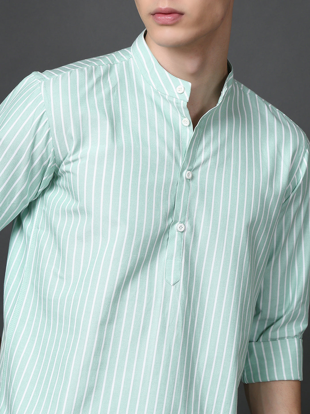 Men’s Green Striped Short Kurta ( ANMSK 5394Green )