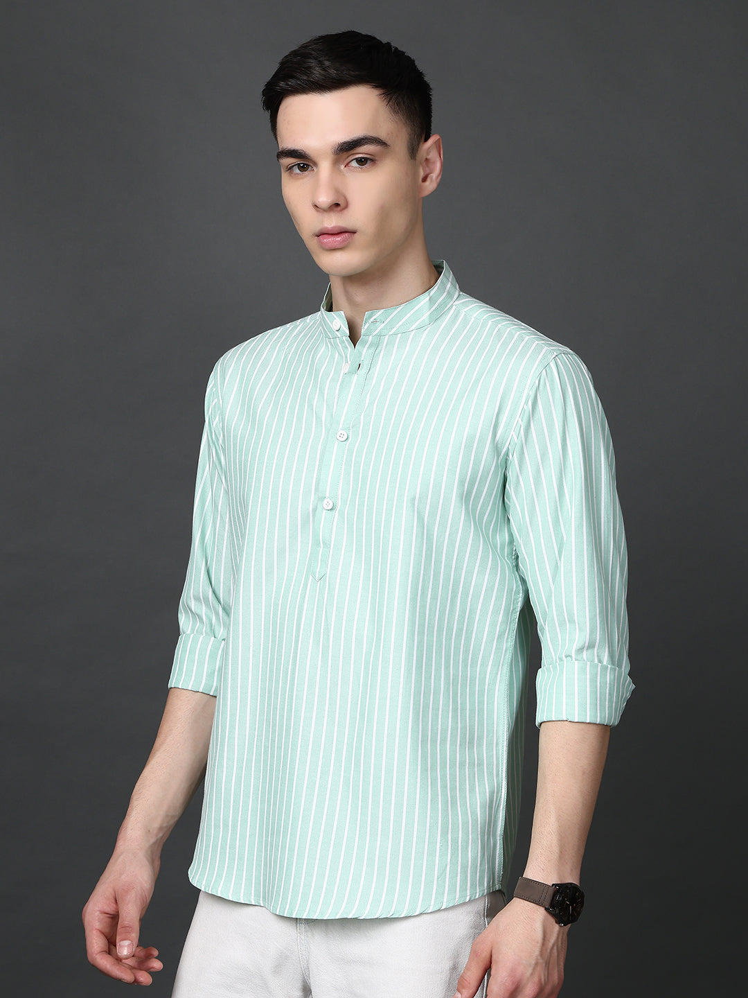 Men’s Green Striped Short Kurta ( ANMSK 5394Green )