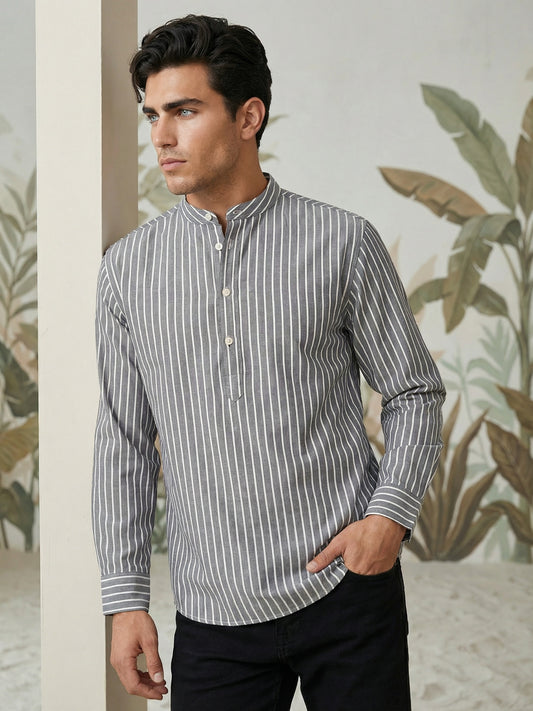 Men’s Grey Striped Short Kurta ( ANMSK 5394Grey )